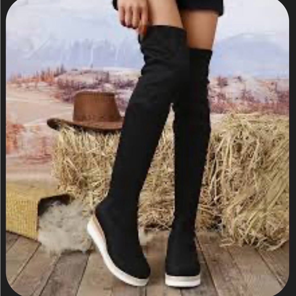 Black Over-the-Knee Wedge Boots with Tan Lug Sole Tie for An Adjustable Top NB